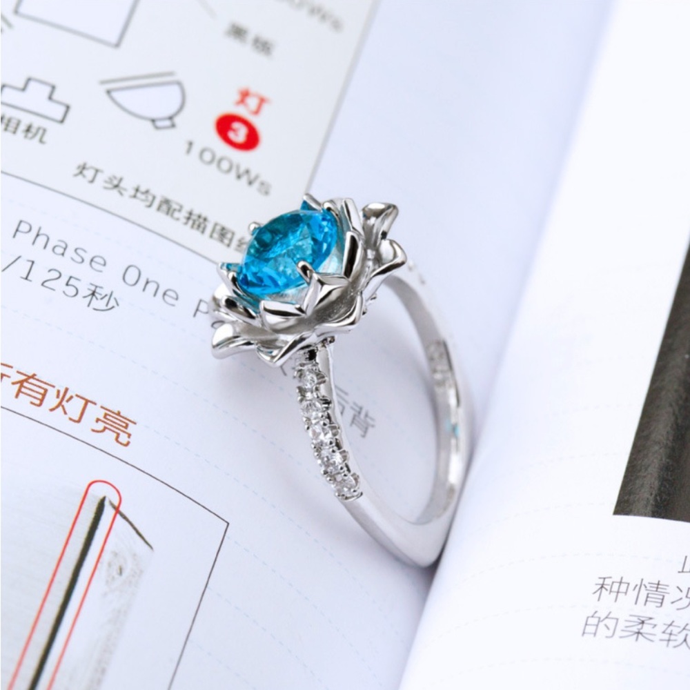 NEW! BLUE DIAMOND SOLITAIRE LOTUS FLOWER RING - Picture 5 of 5